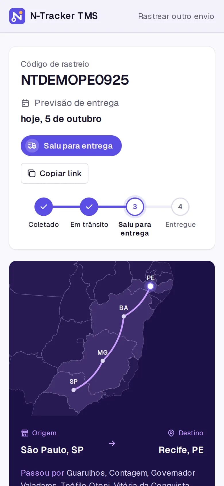 Rastreio público no celular: código do envio, previsão de entrega para hoje, etapas coletado, em trânsito e saiu para entrega, e o mapa da rota de São Paulo a Recife.